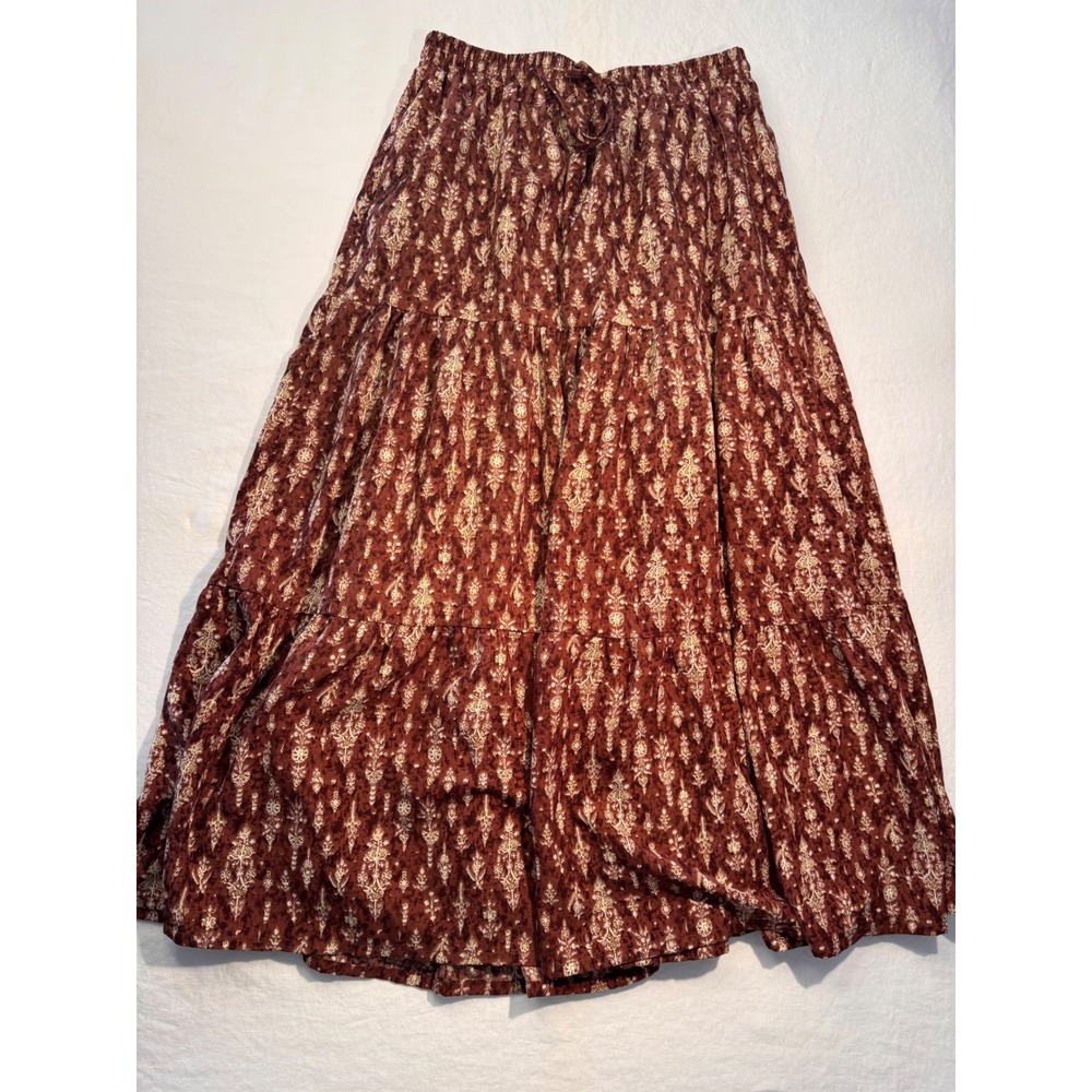 Mikarose Rust Brown Floral Damask Tiered Maxi Skirt Elastic Waist Small Boho
